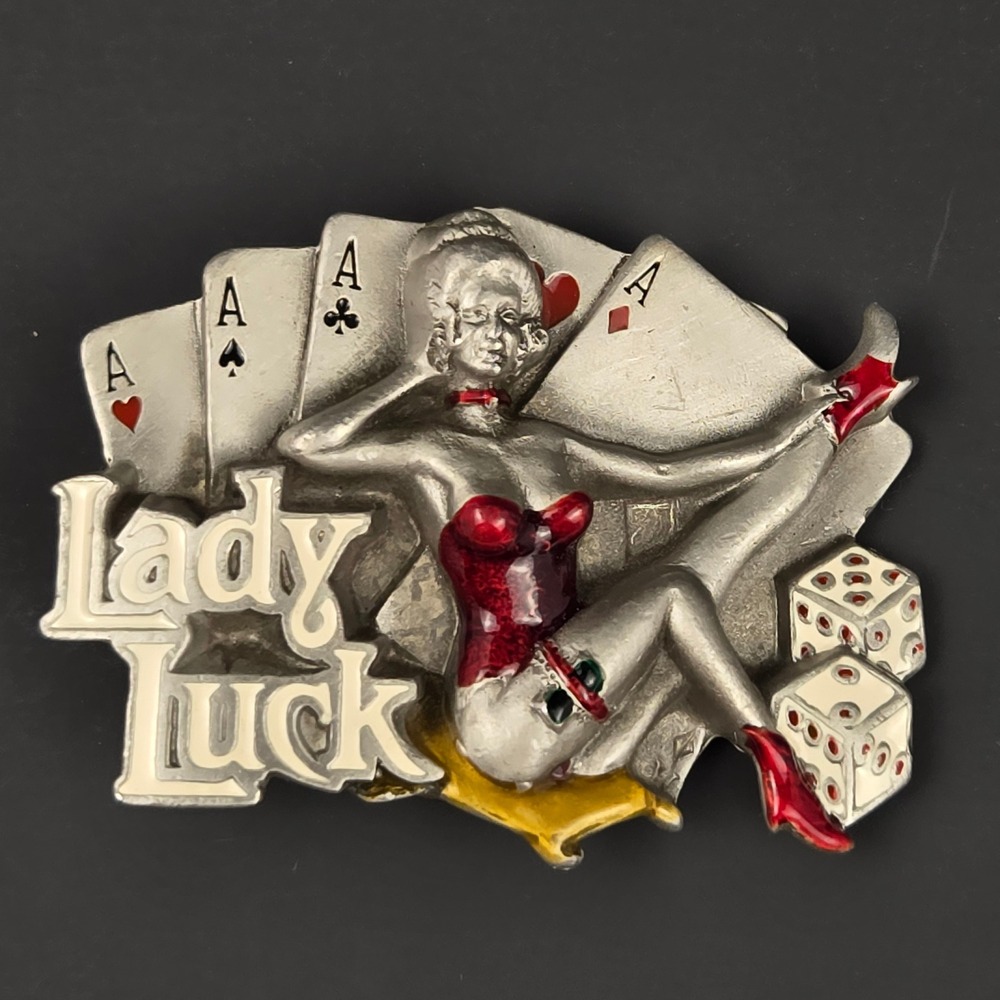 Vintage 1991 Tanside Lady Luck Pin Up Belt Buckle Gambling Dice Cards DD109